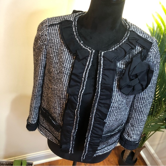 Ann Taylor Virgin Wool Blend Tweed Black White Gray Blazer Jacket w/ Floral 8 - Picture 5 of 11